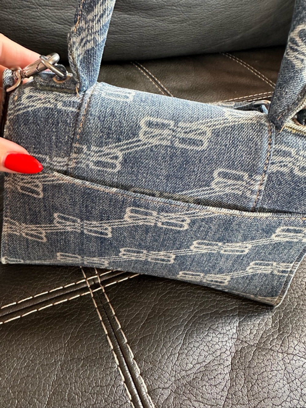 Balenciaga Denim Hourglass Top-Handle Bag in Blue - Picture 9 of 14